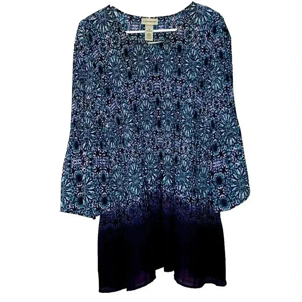 Catherines Top Tunic 3X Keyhole Neck Flair 3/4 Sleeve Crinkle Boho Artsy